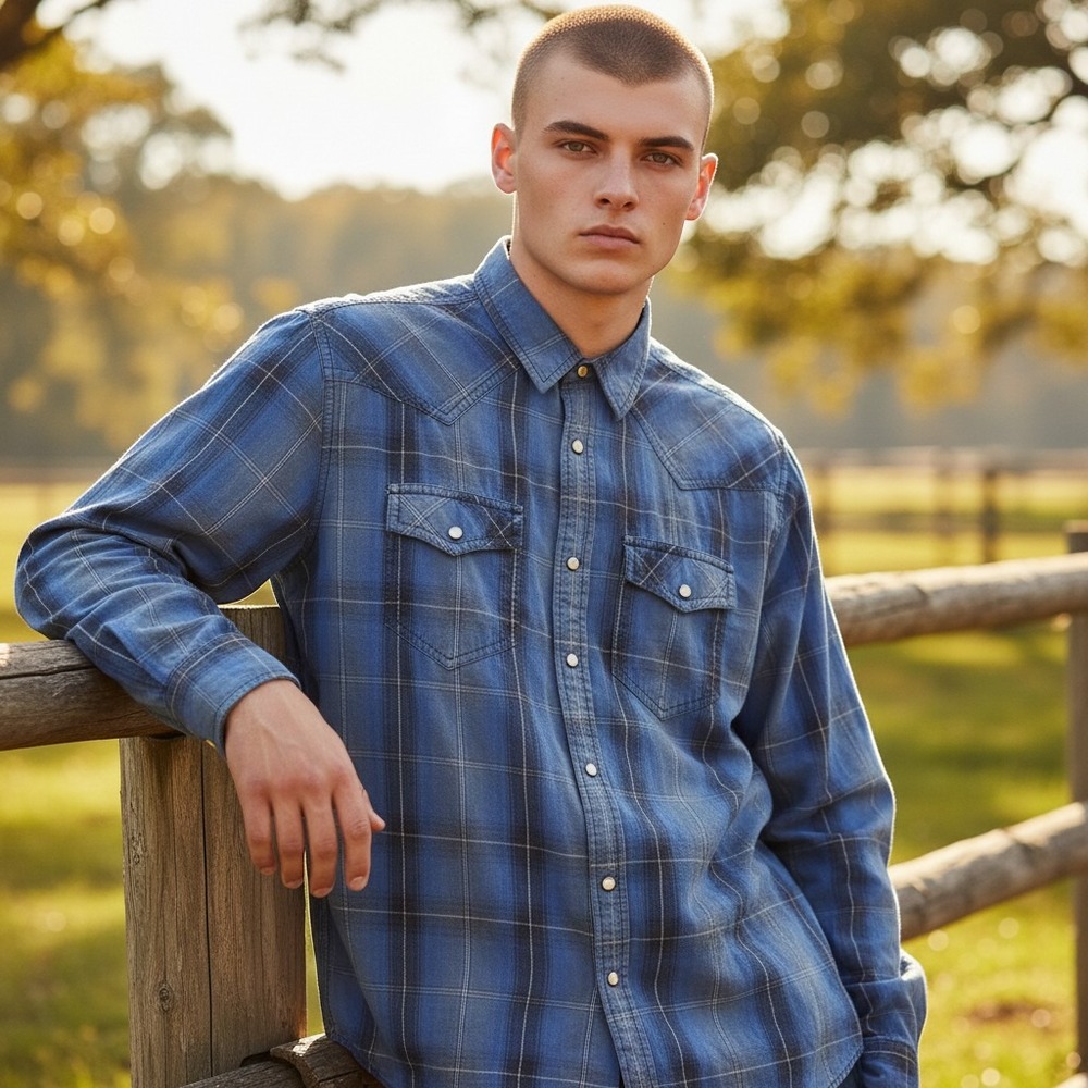 Cody James Men Plaid Western Shirt Large Blue Long Sleeve Snap Button Cowboy